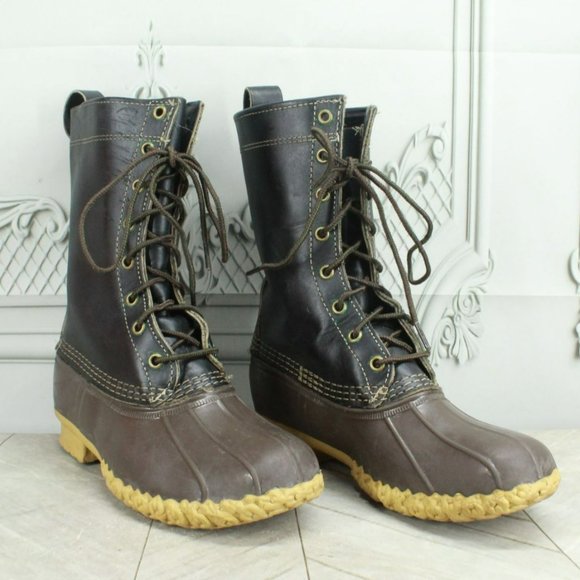 LL Bean Black Leather Lace Up Unlined Mid Calf Duck Boots Size 7 M - Picture 3 of 9